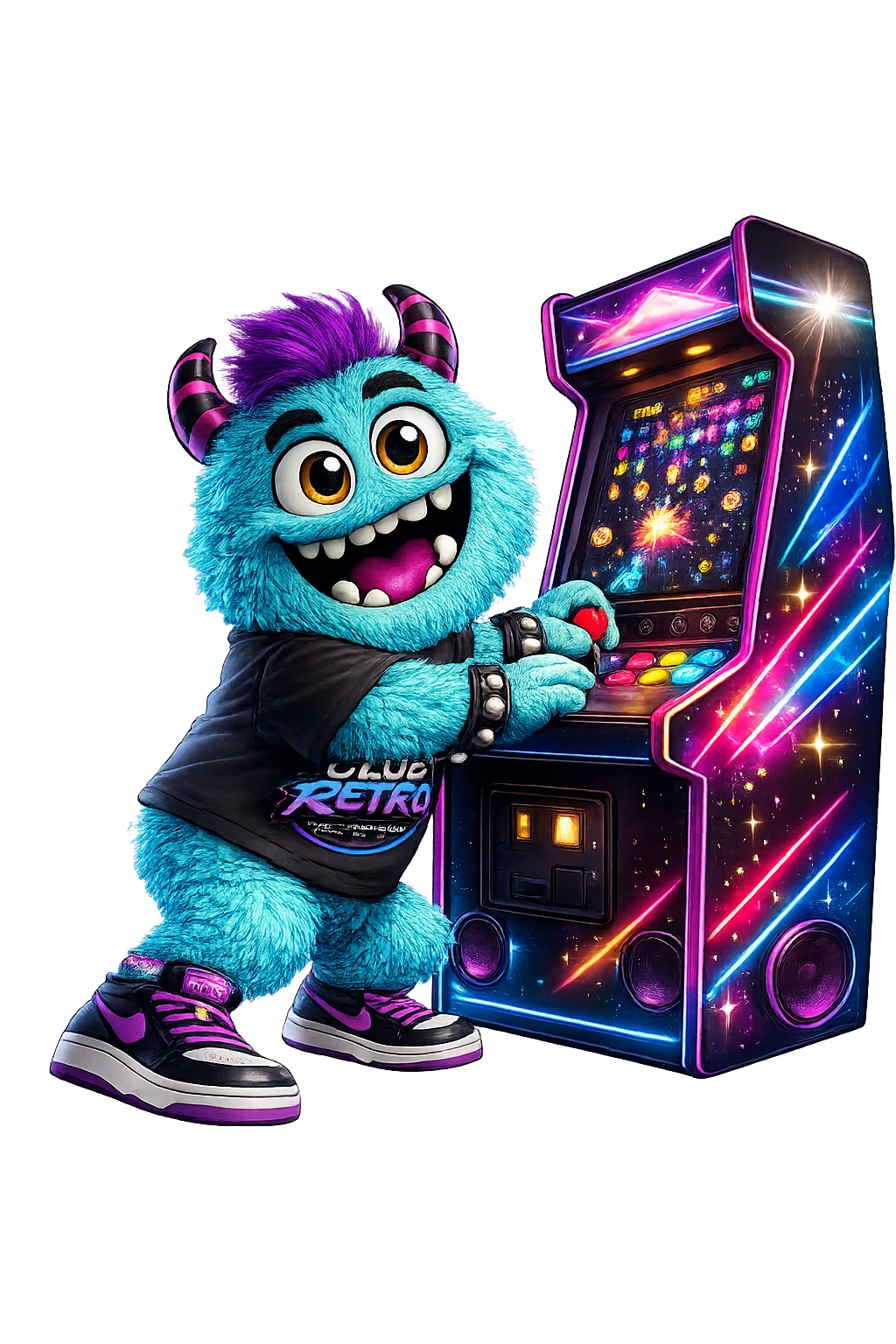 Mascota Club Retro jugando arcade